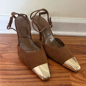 ASOS Women’s Brown Suede Pointed-Toe Heels with Gold Cap